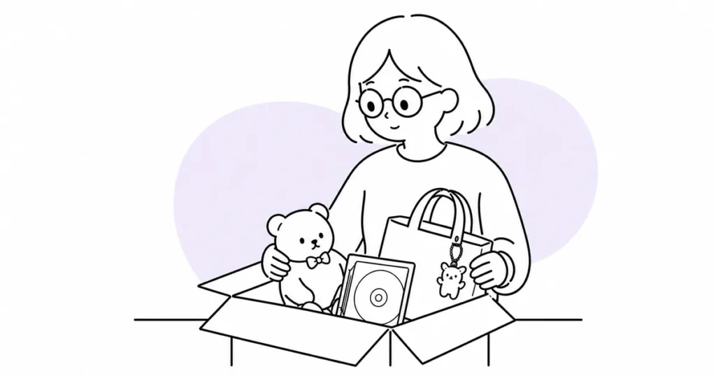 推しグッズの入った箱を前に、手放すか迷っている女性の線画