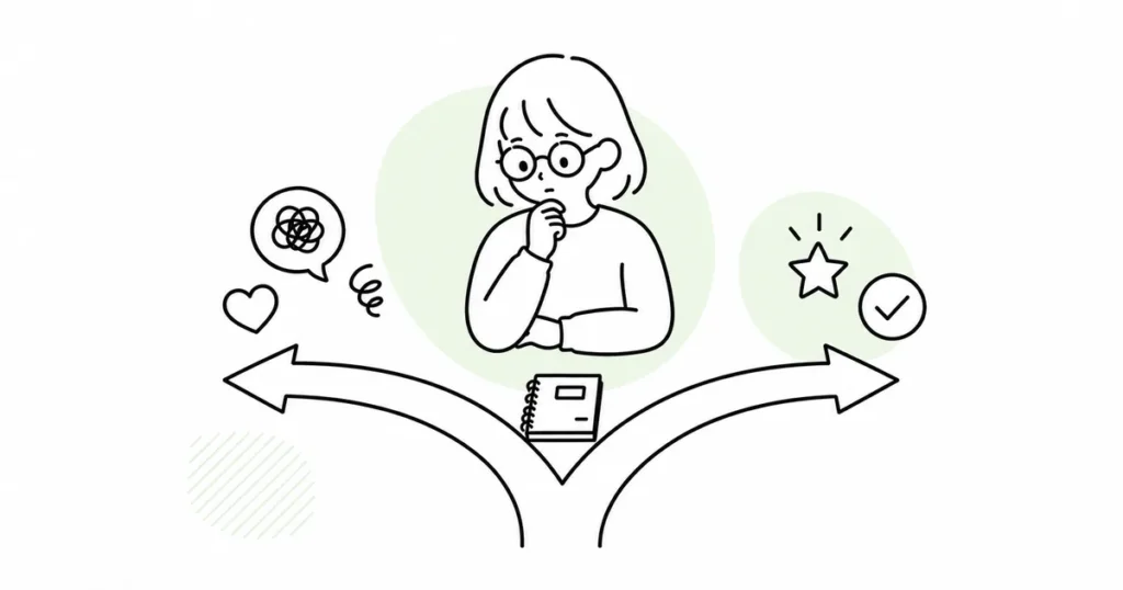 選べない罪悪感を未来視点で整理する女性の線画