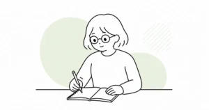 迷いを未来視点で整理し、選択肢を見つめる線画