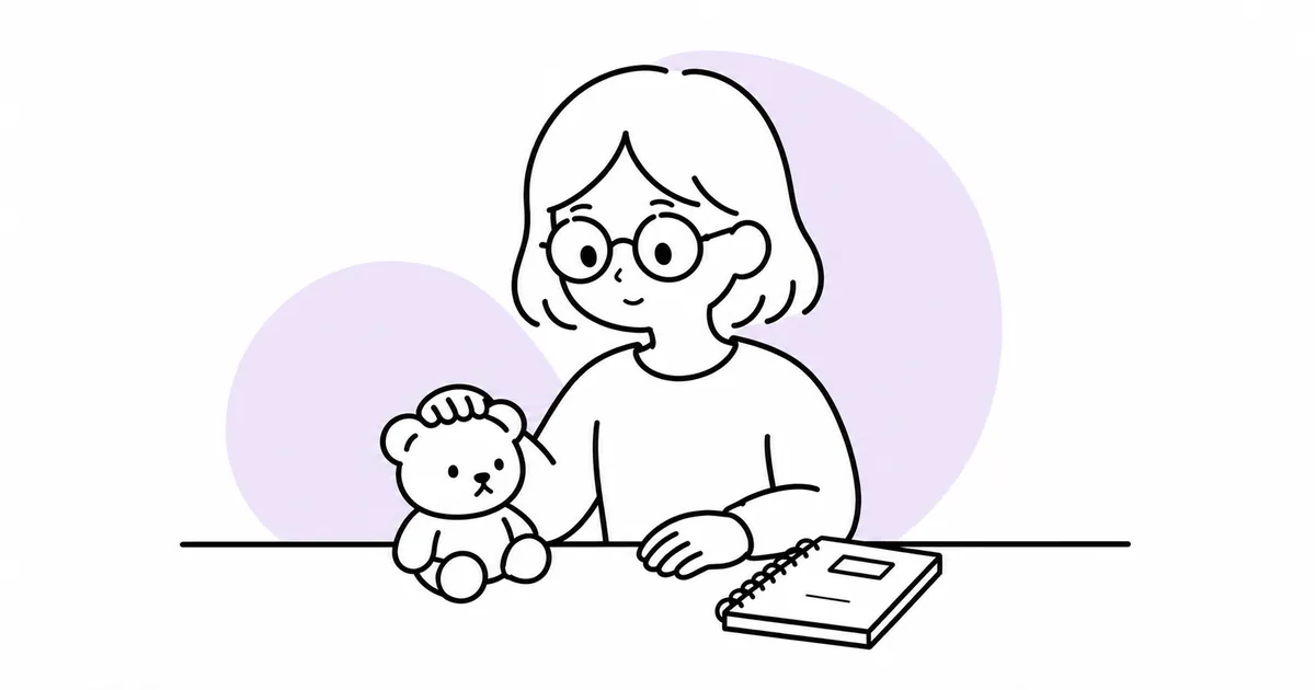 大切にしていたドールを手放す前に見つめる女性の線画