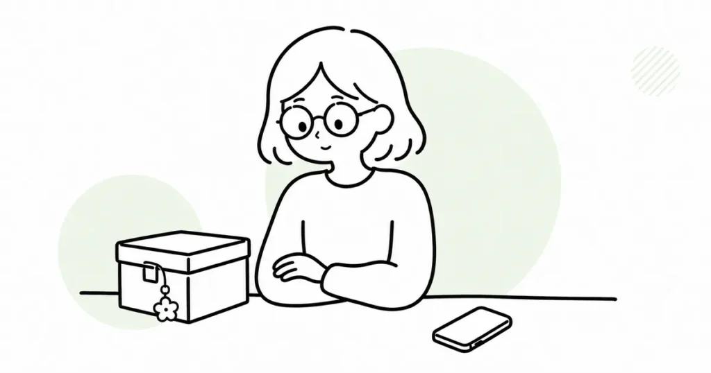 収納箱とスマホを前に、推し活との距離を考える女性の線画