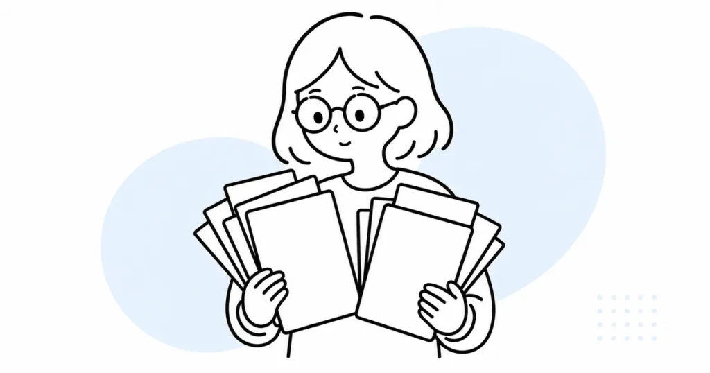 たくさんのクリアファイルを抱え、集めすぎた理由を考える女性の線画