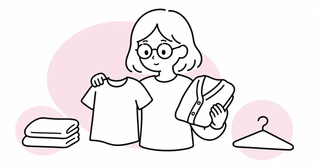 少ない服を見直し、買い物の失敗を次の判断に変える女性の線画