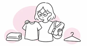 少ない服を見直し、買い物の失敗を次の判断に変える女性の線画