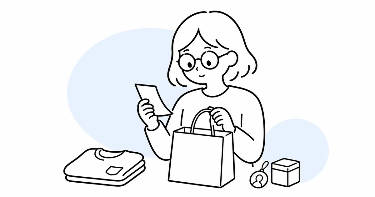 推し活の買い物とストレス買いの関係を整理する女性の線画