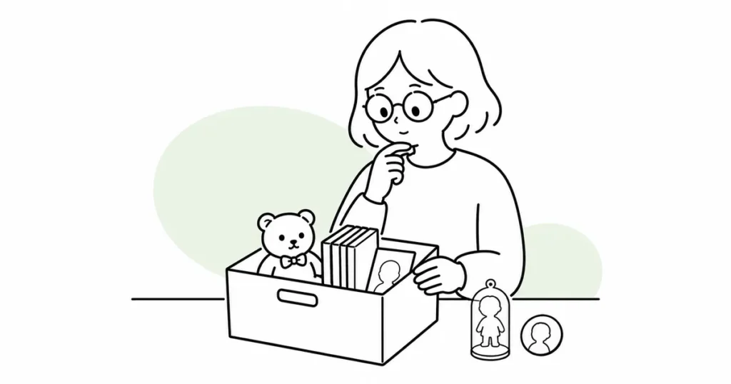 推しグッズを収納箱に入れ、減らす順番を考えている女性の線画