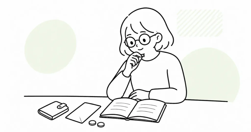 給料やボーナスの使い道をノートで見直す女性の線画