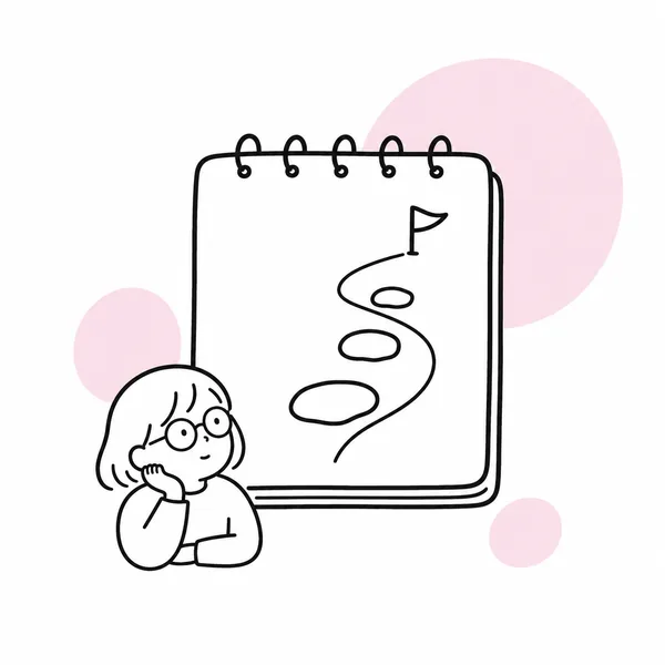 行動フェーズ。小さなステップをノートで確認する女性の線画