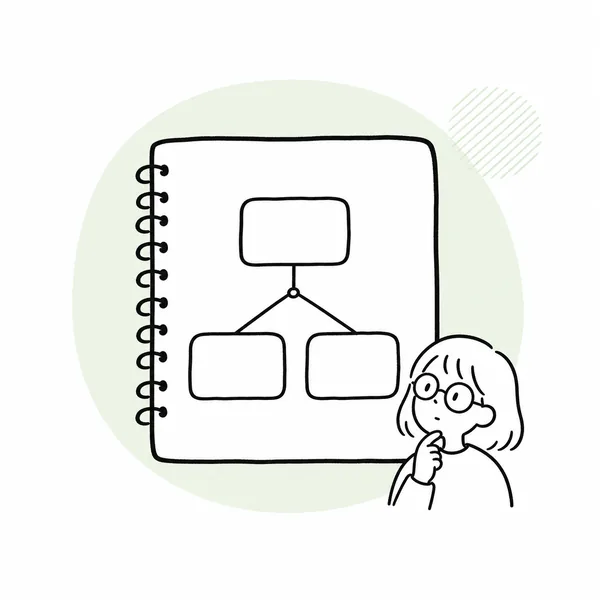 判断フェーズ。分岐したノートを見ながら選び方を考える女性の線画