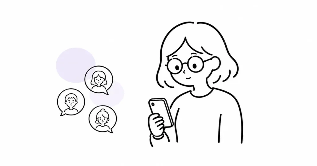 スマホと吹き出しを見ながら、推し活の人間関係との距離を考える女性の線画