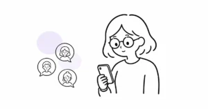 スマホと吹き出しを見ながら、推し活の人間関係との距離を考える女性の線画